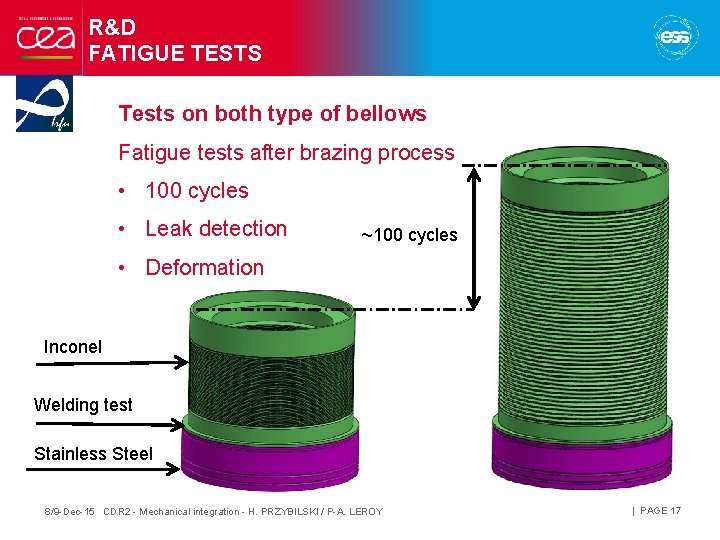 R&D FATIGUE TESTS Tests on both type of bellows Fatigue tests after brazing process