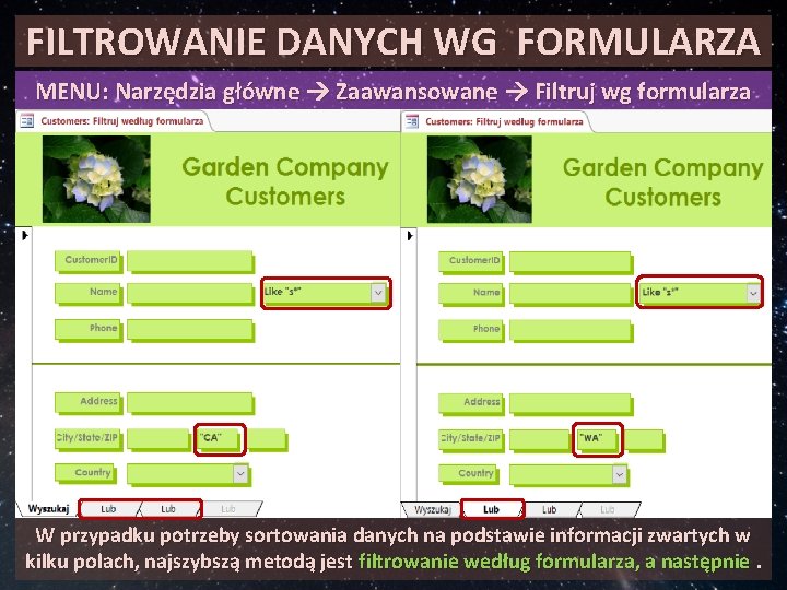 FILTROWANIE DANYCH WG FORMULARZA MENU: Narzędzia główne Zaawansowane Filtruj wg formularza W przypadku potrzeby