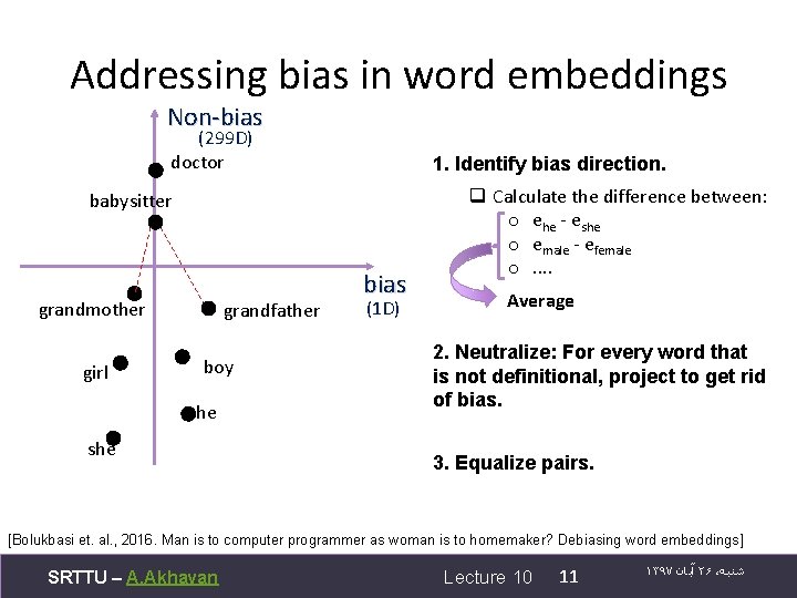 Addressing bias in word embeddings Non-bias (299 D) doctor 1. Identify bias direction. babysitter