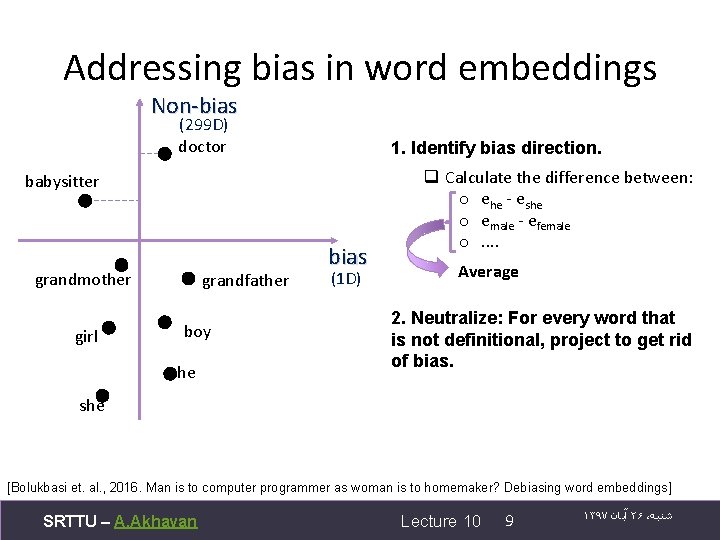 Addressing bias in word embeddings Non-bias (299 D) doctor 1. Identify bias direction. babysitter