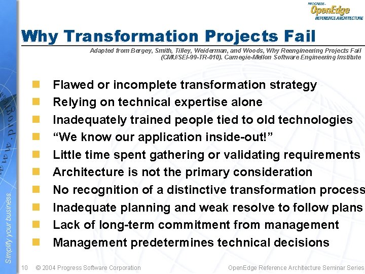 Why Transformation Projects Fail Adapted from Bergey, Smith, Tilley, Weiderman, and Woods, Why Reengineering