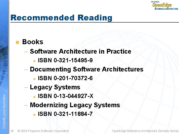 Recommended Reading n Books – Software Architecture in Practice n ISBN 0 -321 -15495