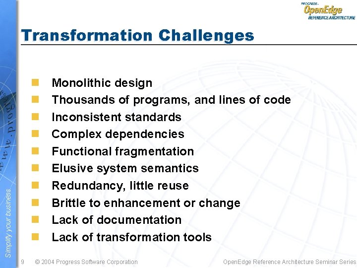 Transformation Challenges Simplify your business n n n n n 9 Monolithic design Thousands