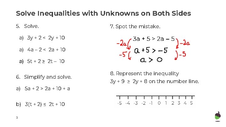 Solve Inequalities with Unknowns on Both Sides 5. Solve. 7. Spot the mistake. a)