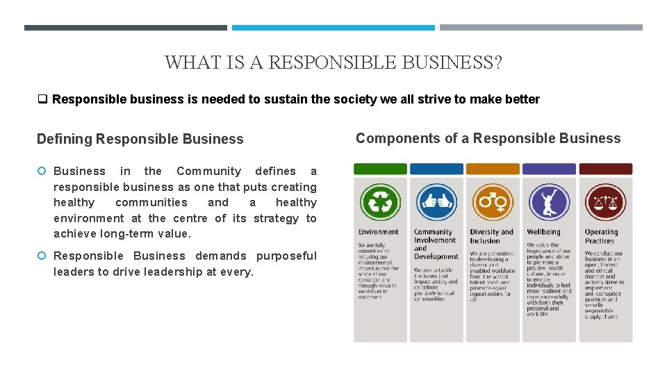 WHAT IS A RESPONSIBLE BUSINESS? q Responsible business is needed to sustain the society