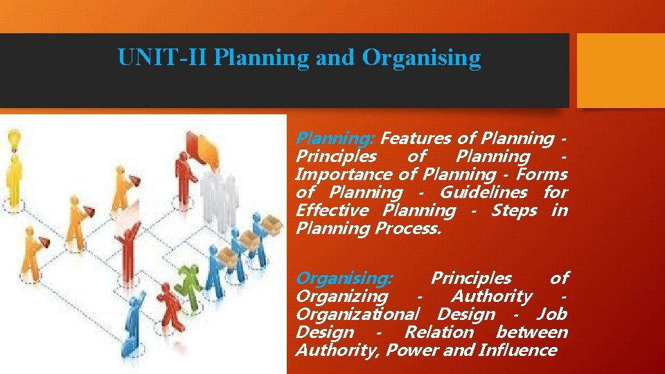 UNIT-II Planning and Organising Planning: Features of Planning Principles of Planning Importance of Planning