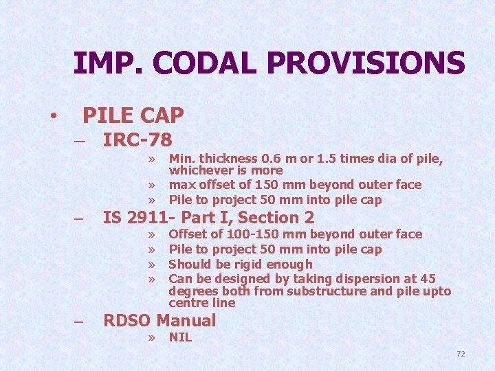IMP. CODAL PROVISIONS • PILE CAP – IRC-78 » » » – IS 2911