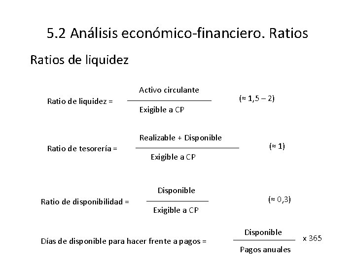 5. 2 Análisis económico-financiero. Ratios de liquidez Activo circulante Ratio de liquidez = Exigible