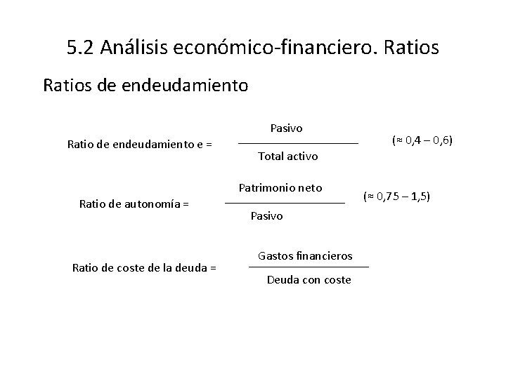 5. 2 Análisis económico-financiero. Ratios de endeudamiento Pasivo Ratio de endeudamiento e = Total