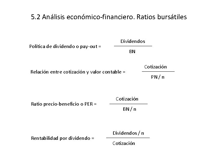 5. 2 Análisis económico-financiero. Ratios bursátiles Política de dividendo o pay-out = Dividendos BN