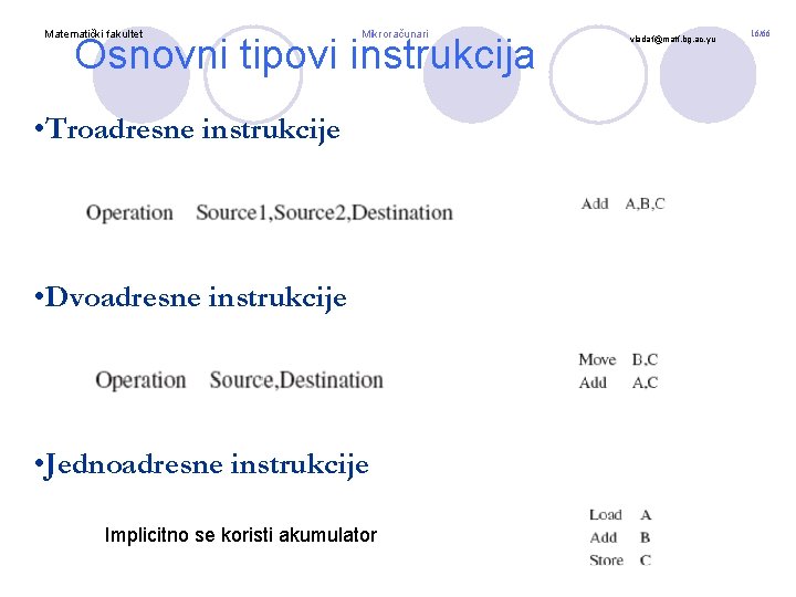 Matematički fakultet Mikroračunari Osnovni tipovi instrukcija • Troadresne instrukcije • Dvoadresne instrukcije • Jednoadresne