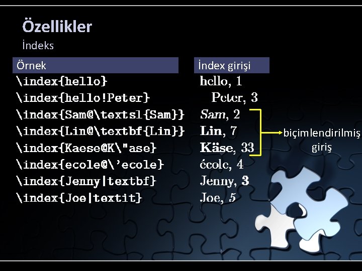 Özellikler İndeks Örnek İndex girişi biçimlendirilmiş giriş 