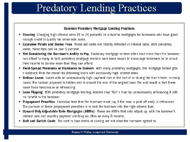 Predatory Lending Practices Bennie D Waller, Longwood University 