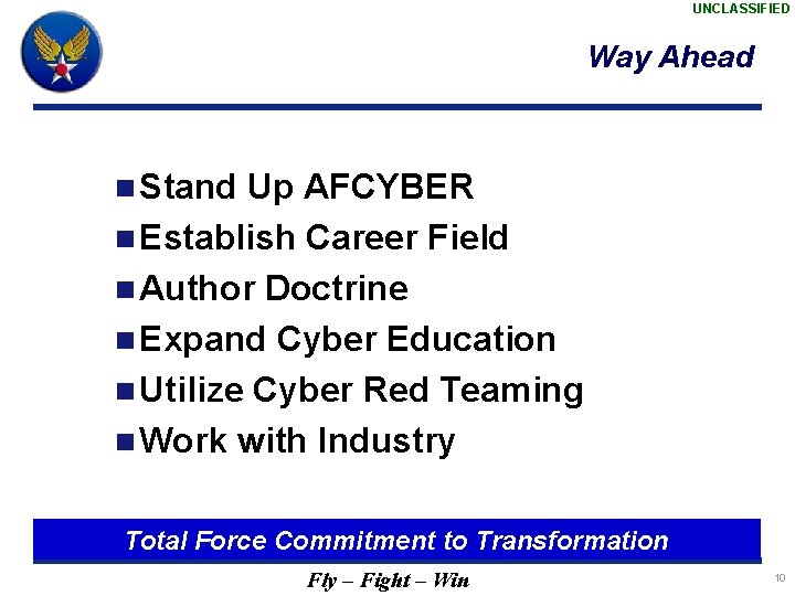 UNCLASSIFIED Way Ahead n Stand Up AFCYBER n Establish Career Field n Author Doctrine