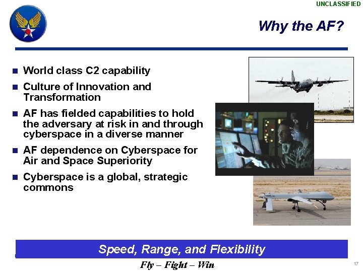 UNCLASSIFIED Why the AF? n World class C 2 capability n Culture of Innovation