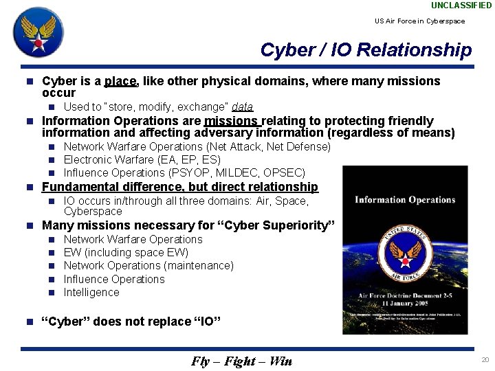 UNCLASSIFIED US Air Force in Cyberspace Cyber / IO Relationship n Cyber is a