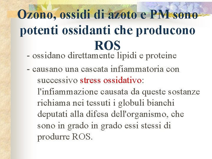 Ozono, ossidi di azoto e PM sono potenti ossidanti che producono ROS - ossidano