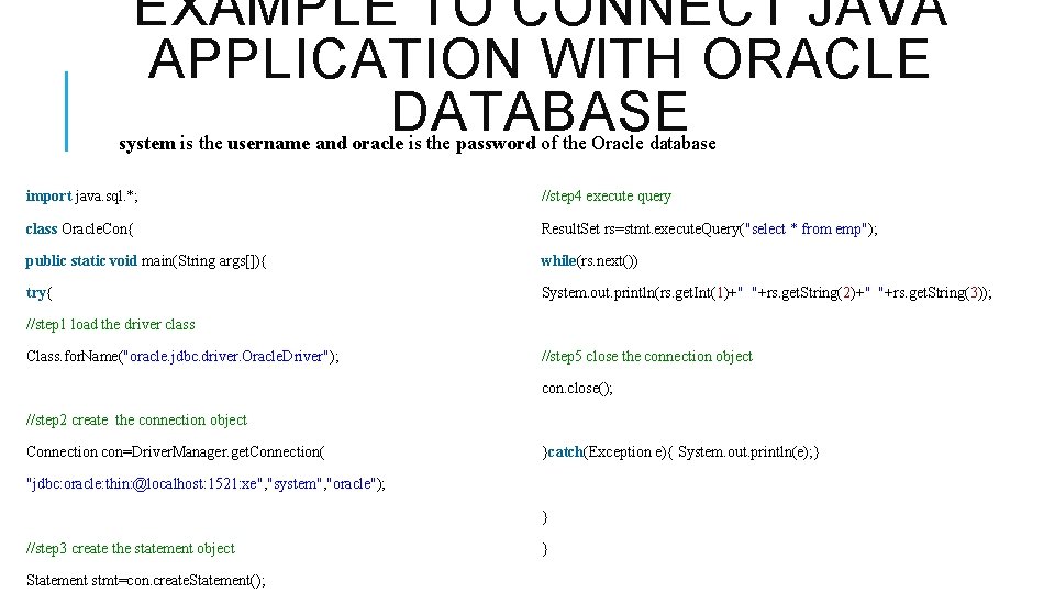 EXAMPLE TO CONNECT JAVA APPLICATION WITH ORACLE DATABASE system is the username and oracle