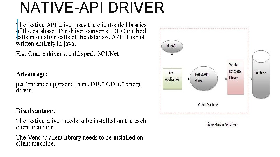 NATIVE-API DRIVER The Native API driver uses the client-side libraries of the database. The