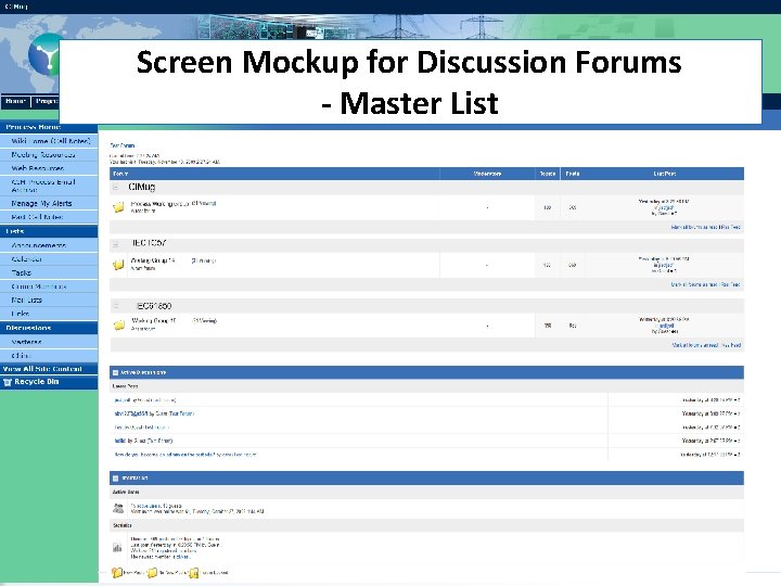 Screen Mockup for Discussion Forums - Master List 