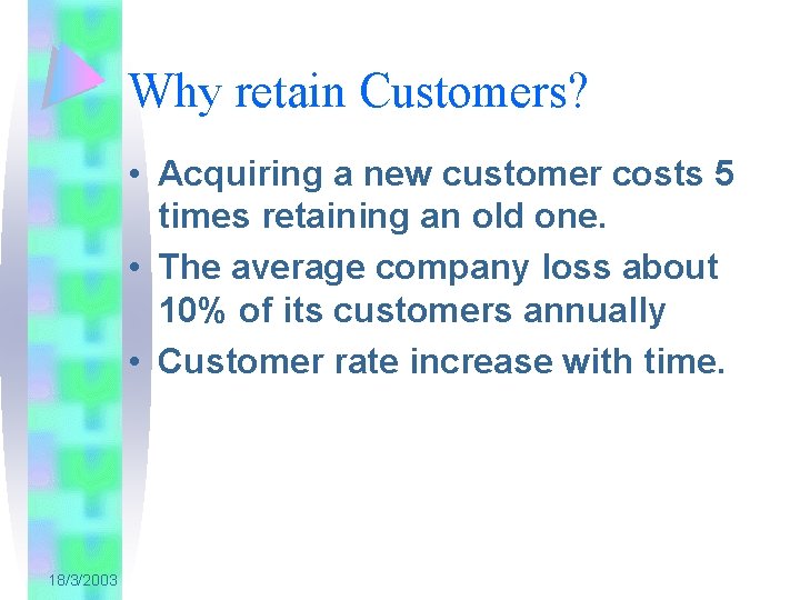 Why retain Customers? • Acquiring a new customer costs 5 times retaining an old