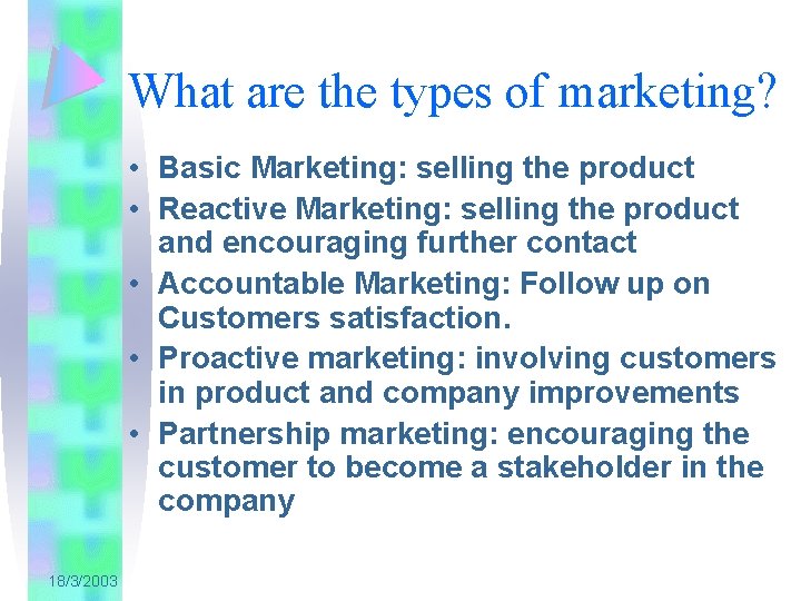 What are the types of marketing? • Basic Marketing: selling the product • Reactive