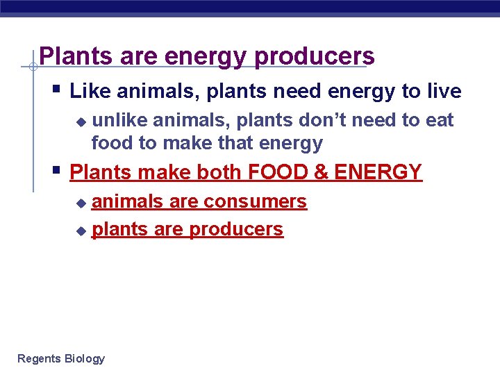 Plants are energy producers § Like animals, plants need energy to live u unlike