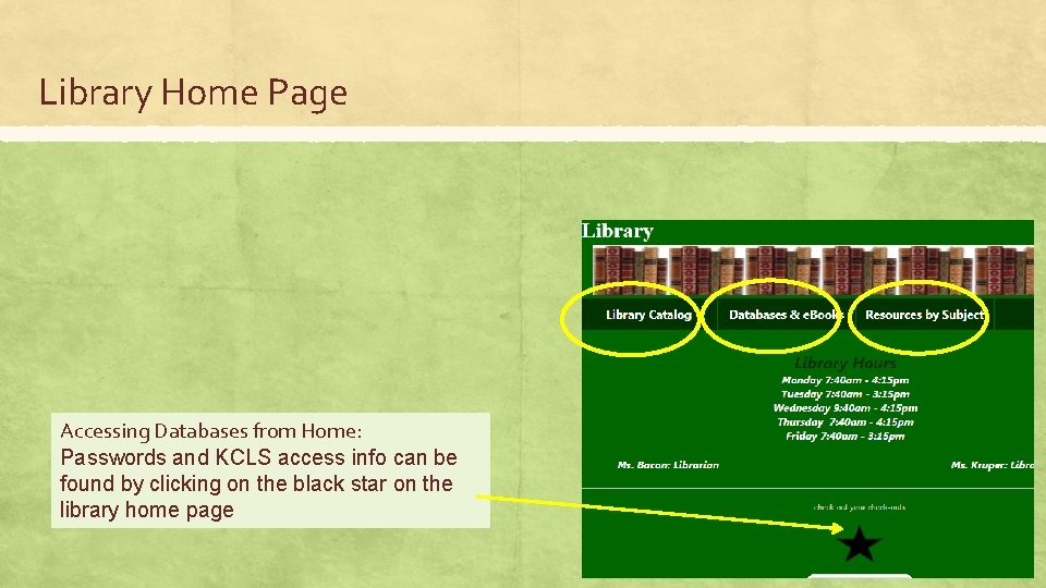 Library Home Page Accessing Databases from Home: Passwords and KCLS access info can be