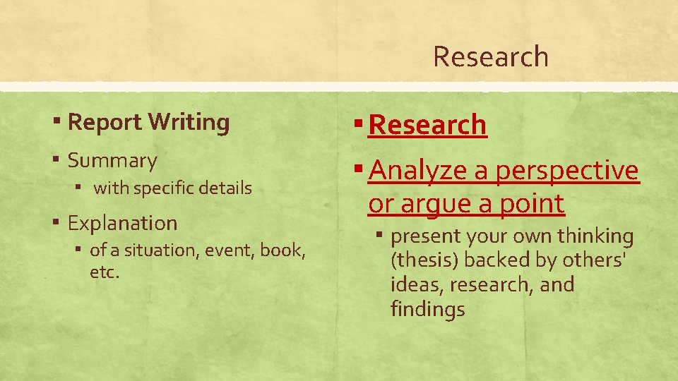 Research ▪ Report Writing ▪ Summary ▪ with specific details ▪ Explanation ▪ of