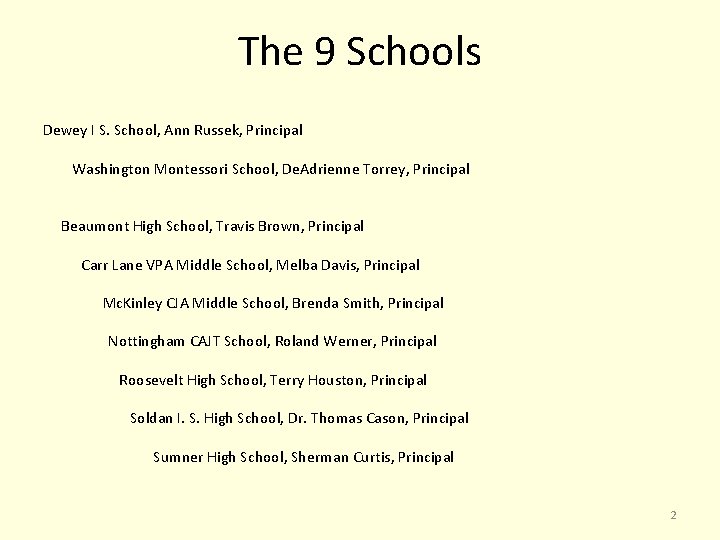 The 9 Schools Dewey I S. School, Ann Russek, Principal Washington Montessori School, De.