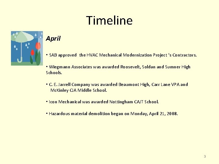 Timeline April • SAB approved the HVAC Mechanical Modernization Project ‘s Contractors. • Wiegmann