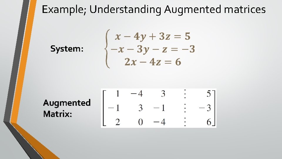 Example; Understanding Augmented matrices System: Augmented Matrix: 