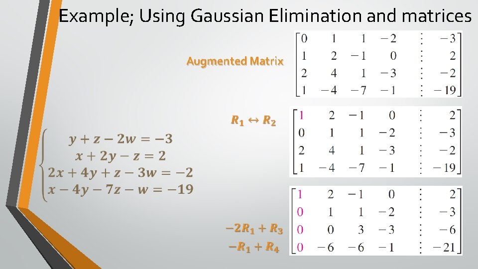 Example; Using Gaussian Elimination and matrices Augmented Matrix 