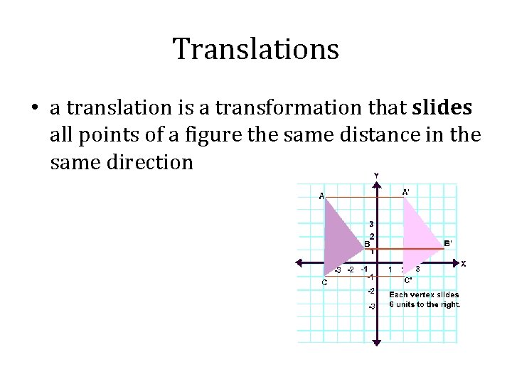 Translations • a translation is a transformation that slides all points of a figure