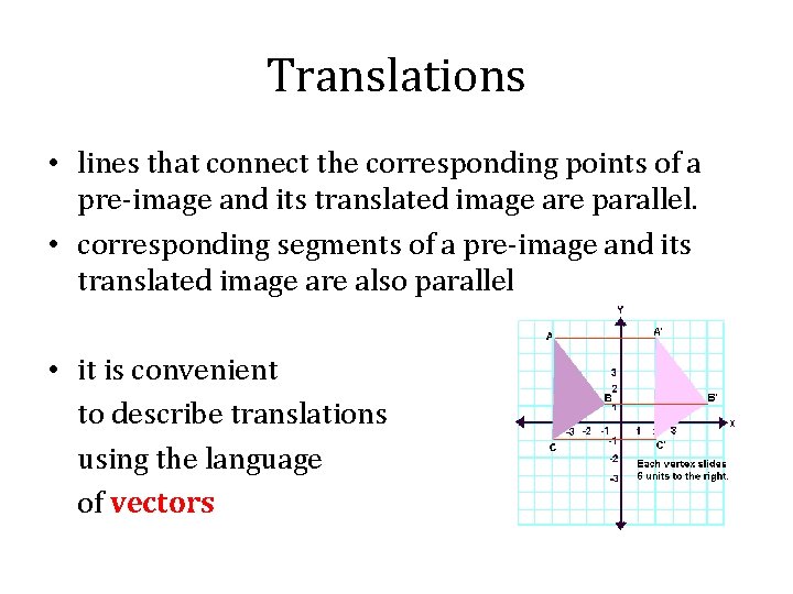 Translations • lines that connect the corresponding points of a pre-image and its translated