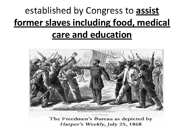 established by Congress to assist former slaves including food, medical care and education 