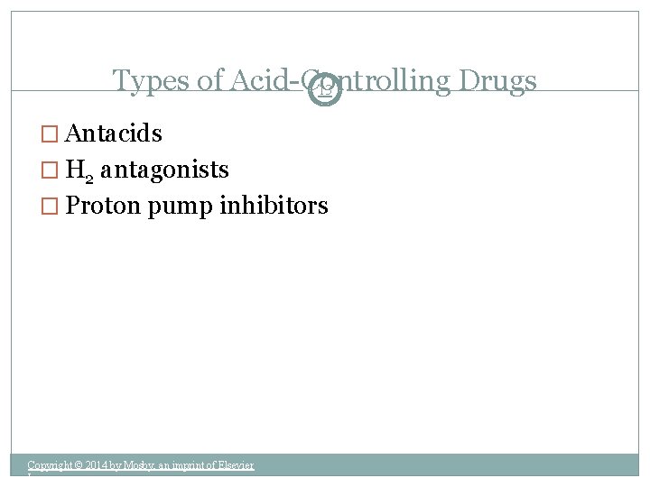 Types of Acid-Controlling Drugs 13 � Antacids � H 2 antagonists � Proton pump