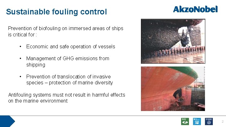 Sustainable fouling control Prevention of biofouling on immersed areas of ships is critical for