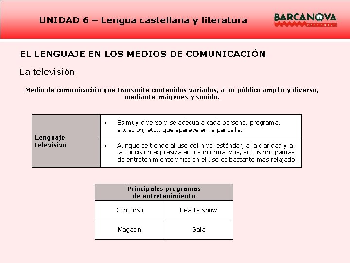 UNIDAD 6 – Lengua castellana y literatura EL LENGUAJE EN LOS MEDIOS DE COMUNICACIÓN