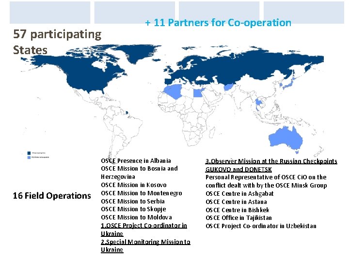 57 participating States 16 Field Operations + 11 Partners for Co-operation OSCE Presence in