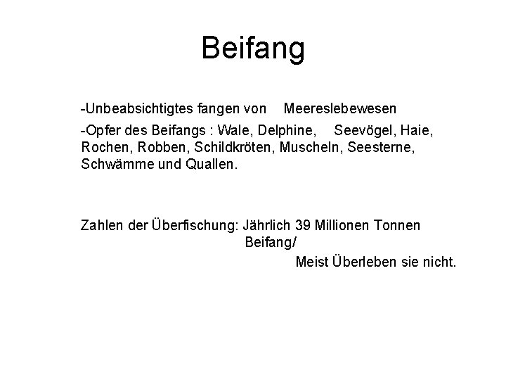 Beifang -Unbeabsichtigtes fangen von Meereslebewesen -Opfer des Beifangs : Wale, Delphine, Seevögel, Haie, Rochen,