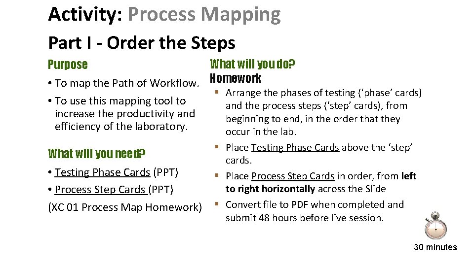 Activity: Process Mapping Part I - Order the Steps What will you do? Purpose Activity: Process Mapping Part I - Order the Steps What will you do? Purpose