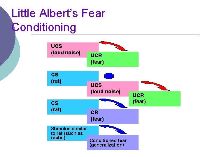 Little Albert’s Fear Conditioning UCS (loud noise) CS (rat) Stimulus similar to rat (such
