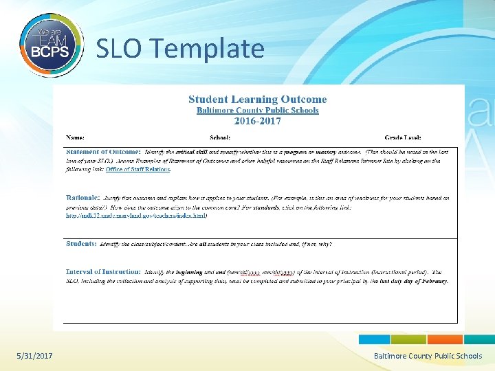 SLO Template 5/31/2017 Baltimore County Public Schools 