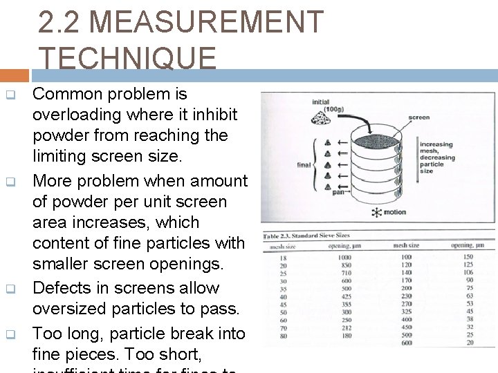 2. 2 MEASUREMENT TECHNIQUE q q Common problem is overloading where it inhibit powder