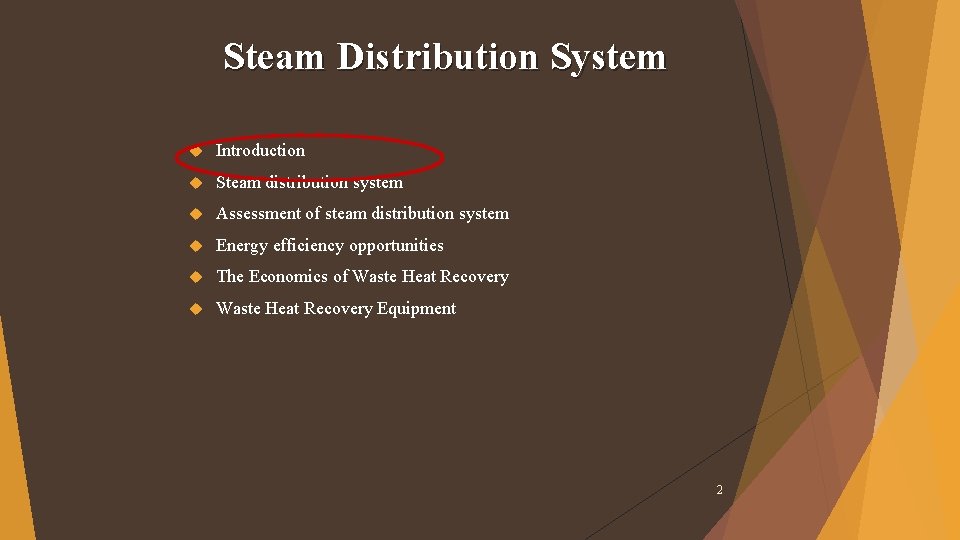 Steam Distribution System Introduction Steam distribution system Assessment of steam distribution system Energy efficiency Steam Distribution System Introduction Steam distribution system Assessment of steam distribution system Energy efficiency