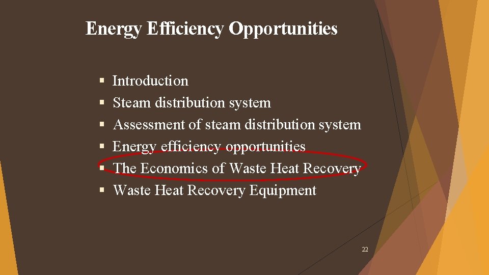 Energy Efficiency Opportunities Introduction Steam distribution system Assessment of steam distribution system Energy efficiency Energy Efficiency Opportunities Introduction Steam distribution system Assessment of steam distribution system Energy efficiency