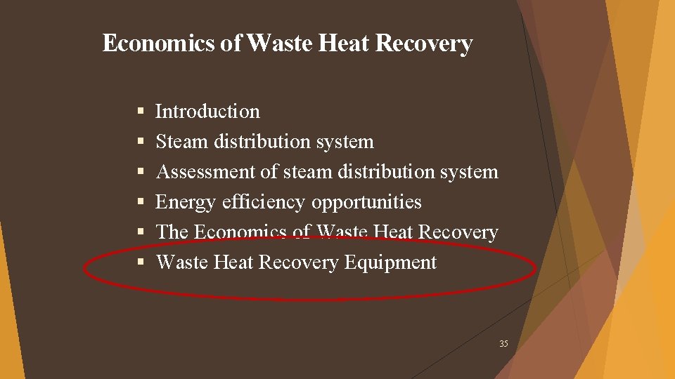 Economics of Waste Heat Recovery Introduction Steam distribution system Assessment of steam distribution system Economics of Waste Heat Recovery Introduction Steam distribution system Assessment of steam distribution system