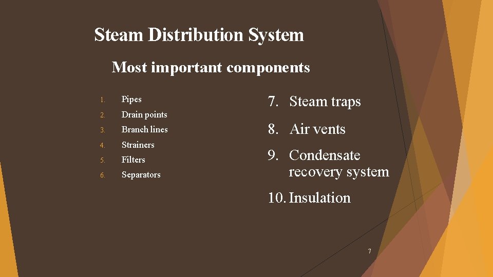 Steam Distribution System Most important components 1. Pipes 2. Drain points 3. Branch lines Steam Distribution System Most important components 1. Pipes 2. Drain points 3. Branch lines
