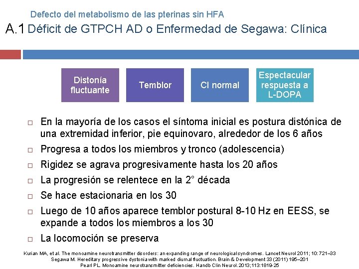 Defecto del metabolismo de las pterinas sin HFA A. 1 Déficit de GTPCH AD